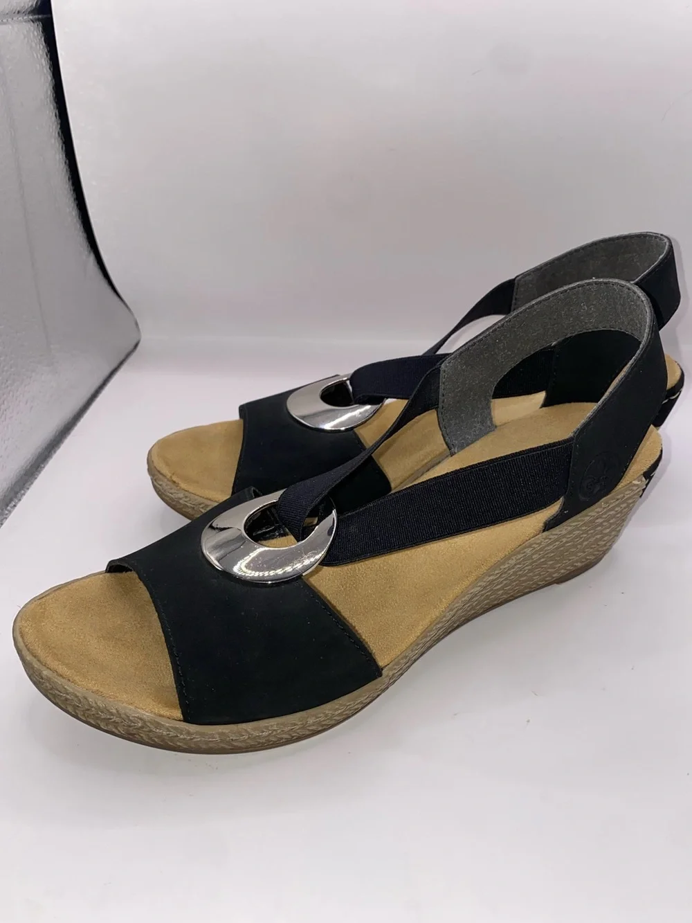 Rieker Fanni 624H6 Black Wedge Sandals with Silver‎ Ring Accent